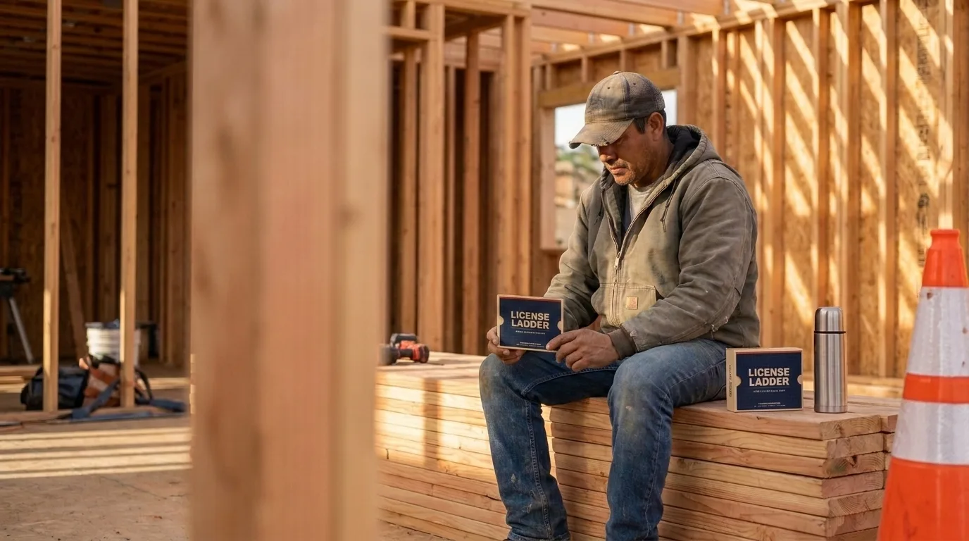 A contractor studying License Ladder flashcards on the job